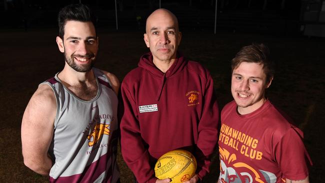 Still smiling: Nunawading vice-captain Marty Lambe, coach Paul Bevan and captain Luke Bogdan. Picture: James Ross/AAP