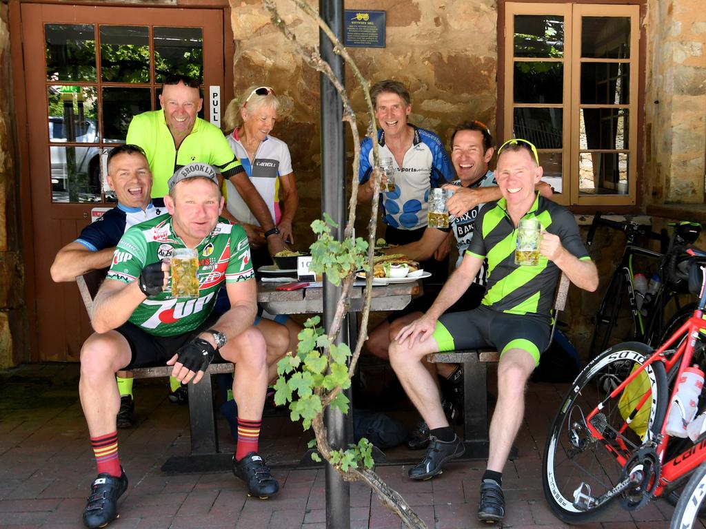 Waiting for the peloton and having lunch at the Hahndorf Old Mill are Richard Middleton, Rob Watkins, Keith Ballisat, Mary Jones, Daryle Fantham, Chris Middleton, Jock McDonald all from Christchurch. Picture: Tricia Watkinson