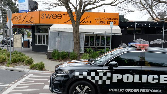 Police at Sweet Lulus cafe in Keilor East where Gavin Preston was shot dead in a hail of bullets. Picture: Andrew Henshaw