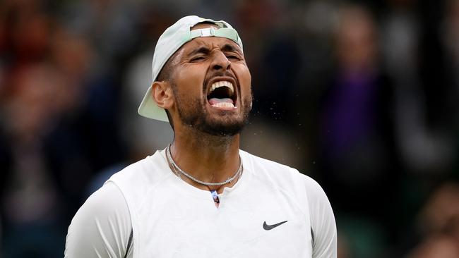 Nick Kyrgios celebrates defeating Stefanos Tsitsipas in their fiery third-round encounter. Picture: Getty