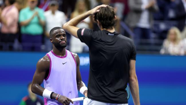 Frances Tiafoe (left) congratulates Taylor Fritz after the latter won their all-American bout in the US Open semi-final last year. Picture: Matthew Stockman / Getty Images