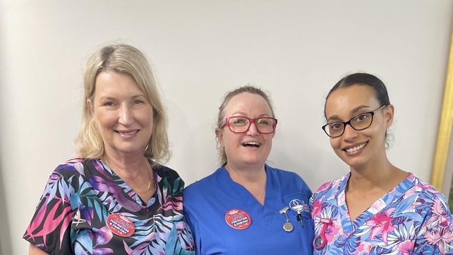 Ramsay nurses at Baring Private Hospital in Coffs Harbour, Di Scherr after hours nurse unit manager, Melissa McDonough registered nurse and Tara Alamo registered nurse are calling for safer staff to patient ratios.