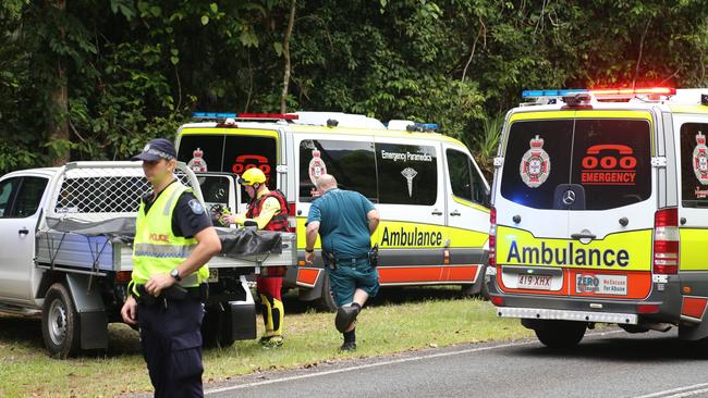 Emergency services at Babinda Boulders, where a search is under way for a missing swimmer reported to have drowned. Picture: Joshua Davies.