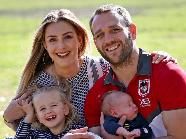 St George Illawarra Dragons star Jason Nightingale is the last remaining member of the Dragons' 2010 Premiership team and will retire at the end of the 2018 season. Pictured with his wife Bianka and kids Chloe 2 and Oliver 3-weeks at Renown Park in Oatley where he began playing as a kid. Picture: Toby Zerna