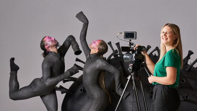 Dancers, Kimball Wong and Darci O’Rouke with Molly O'Brien from Australian Dance Theatre in Norwood, where they will film performances for you to enjoy at home after new Coronavirus restrictions. Picture: Matt Loxton