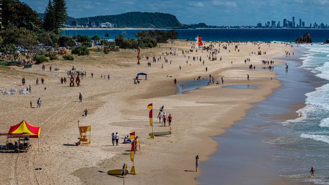 Swell Sculpture Festival exhibits are shown at various locations on the Gold Coast, including Currumbin.