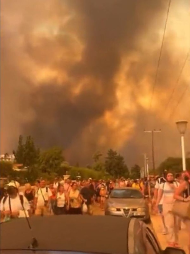 Around 30,000 locals and tourists have evacuated the Greek holiday island of Rhodes. Picture: Twitter