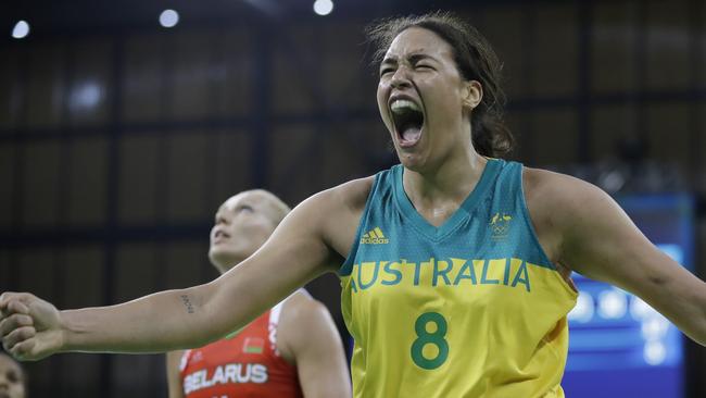 Australian centre Liz Cambage reacts after making a basket and receiving a foul.