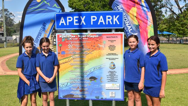 The different versions of the poem were overlaid onto a colourful artwork created by four students from Eidsvold State School together with their art teacher Jenny.