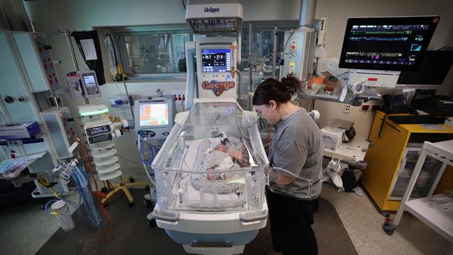 Baby George Ford endured four major surgeries in his first weeks of life and is still surrounded by lifesaving equipment. Picture: David Caird