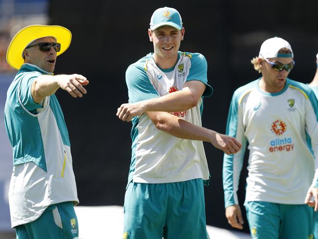 Cricket Australia high performance coach Troy Cooley with allrounder Cameron Green during the home Test series against India last summer. Picture. Phil Hillyard