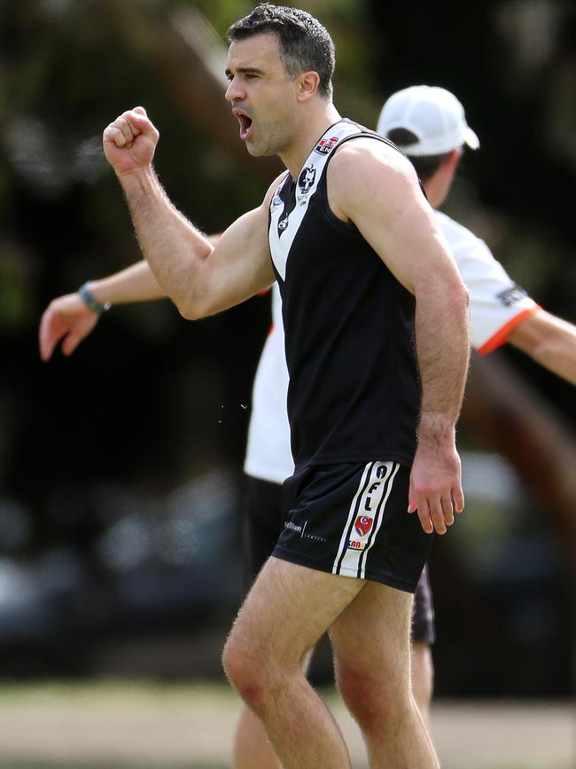 Peter Malinauskas celebrates kicking a goal for Uni in 2016. Picture: Calum Robertson