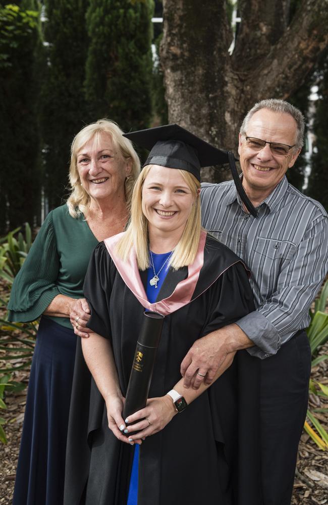 Master of Education graduate Lauren Cash with Margaret and Alan Cash at a UniSQ graduation ceremony at Empire Theatres, Tuesday, February 13, 2024. Picture: Kevin Farmer