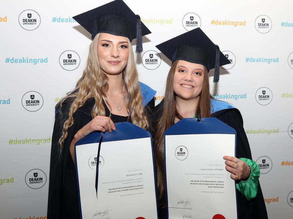 Riannah Carr and Emma Gatford. Deakin University graduation arts and SEBE faculty. Picture: Alan Barber