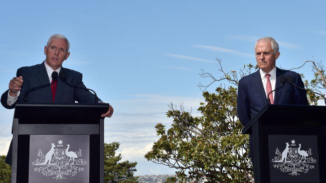 US Vice President Mike Pence (L) speaks at a joint press conference with Australia's Prime Minister Malcolm Turnbull at the Kirribilli House Sydney on April 22, 2017. Picture: AFP / Saeed Khan.