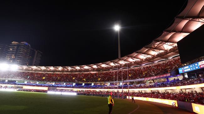 Power goes out during the round two AFL match between Brisbane Lions and Melbourne Demons at the Gabba. Picture: Chris Hyde/Getty Images