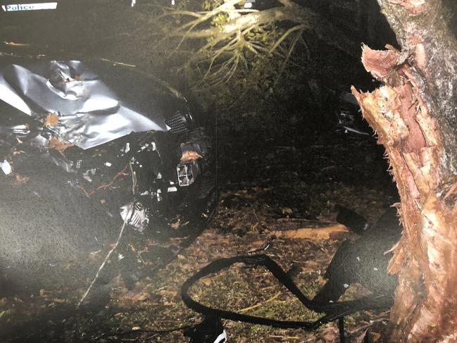 Crash scene pictures tendered in court of Marlee Rose Kelley's Holden Commodore after ploughing into a tree at Wyongah. Picture: supplied.