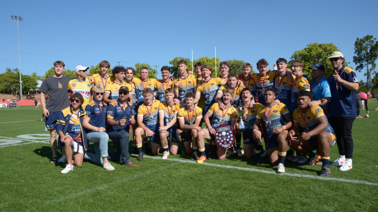 Highfields Eagles Under 19 men celebrate the premiership on TRL grand final day at Clive Berghofer Stadium on Saturday, September 16, 2023.