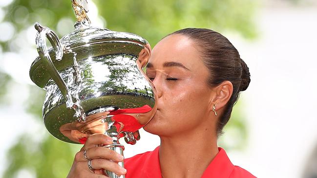 Ash Barty enjoys her success on Sunday morning.