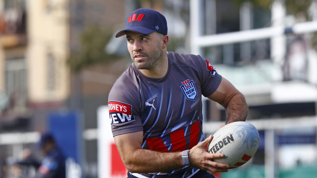 DAILY TELEGRAPH 5TH JULY 2023 Pictured at Coogee Oval at Coogee Beach in Sydney is NSW Blues player James Tedesco during a morning train session ahead of game three of the 2023 State of Origin series. Picture: Richard Dobson