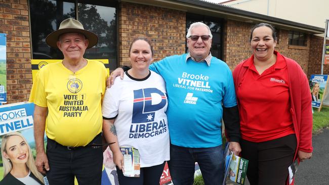 Pre-Polling Volunteers Peter Clarke (United Australia), Sonia Bailey (Liberal Democrat), Harry Slide (Liberal) and Rosa Grine (Labor). Picture: David Swift.