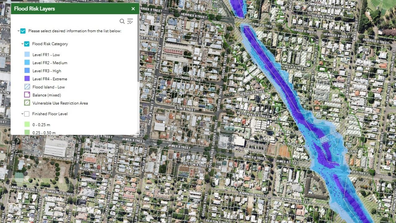 Toowoomba Regional Council flood mapping showing the potential flood effects long East Creek near the Kitchener and James Street intersection.