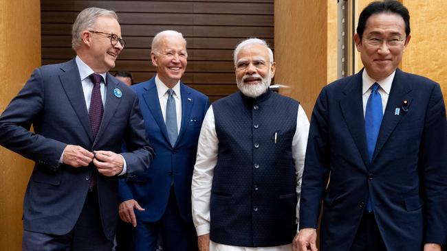 US President Joe Biden, Japanese Prime Minister Kishida Fumio, Indian Prime Minister Narendra Modi and Anthony Albanese arrive for their meeting during the Quad Leaders Summit at Kantei in Tokyo. Picture: AFP.