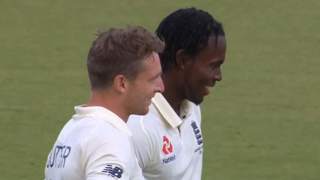 Jofra Archer appeared to laugh after Steve Smith was knocked to the ground by his bouncer. Picture: Nine.