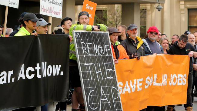 Victorian solar installers rally outside Premier Daniel Andrews' Treasury Place office earlier this month. Picture: Stuart McEvoy