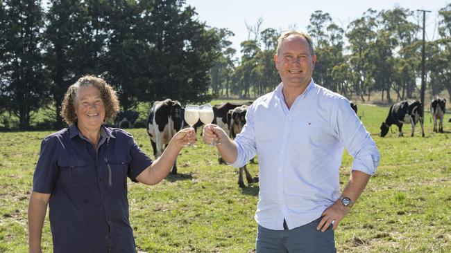 Dairy farmer Rose Atherton and St David Dairy CEO Mancel Hickey raise a glass to the brand’s win at the Australian Grand Dairy Awards. Picture: Zoe Phillips