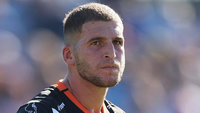 SYDNEY, AUSTRALIA - MARCH 19:  Adam Doueihi of the Wests Tigers looks on during the round three NRL match between Canterbury Bulldogs and Wests Tigers at Belmore Sports Ground on March 19, 2023 in Sydney, Australia. (Photo by Mark Metcalfe/Getty Images)