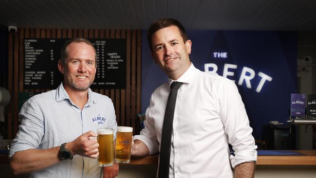 Jonathan Hess general manager and co-owner The Albert Brewery Moonah with Labor leader Dean Winter. Picture: Nikki Davis-Jones