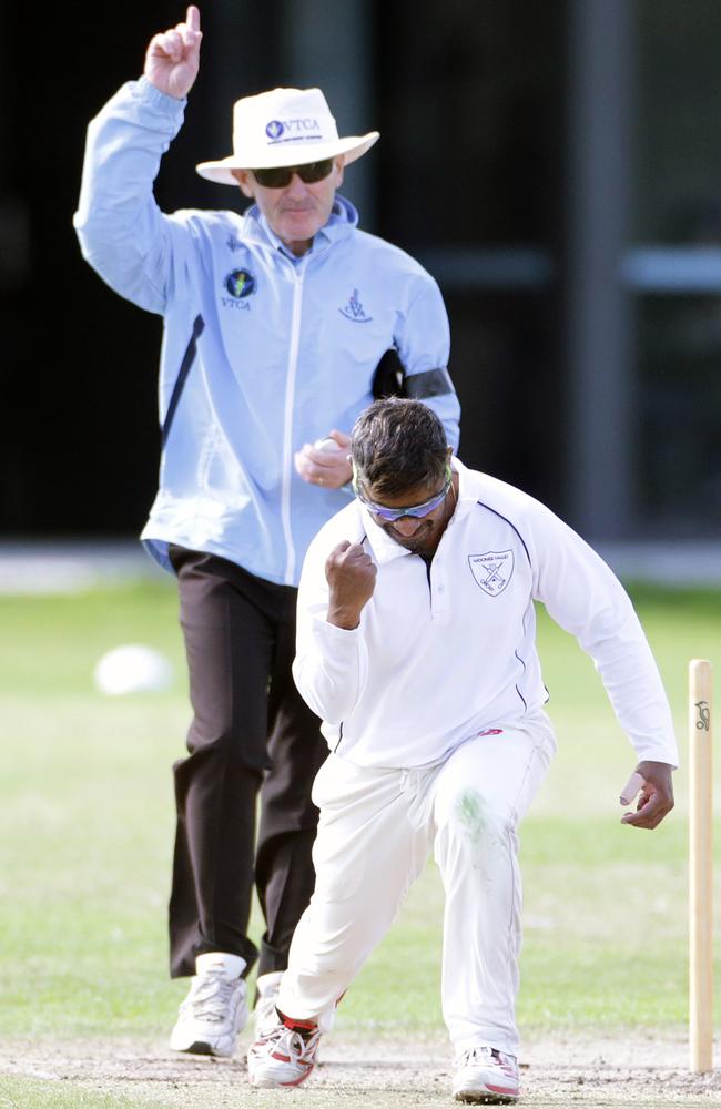 Sammy Vithana celebrates a wicket for Moonee Valley. Picture: Sarah Matray