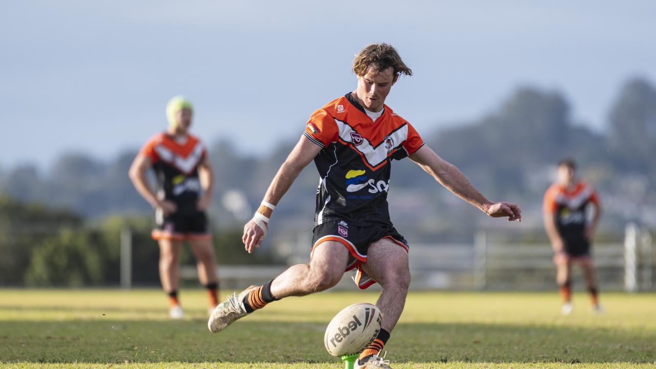 Tait Cameron attempts a conversion for Southern Suburbs vs Wattles in TRL under-19 round 15 rugby league at Gold Park, Saturday, July 27, 2024. Picture: Kevin Farmer