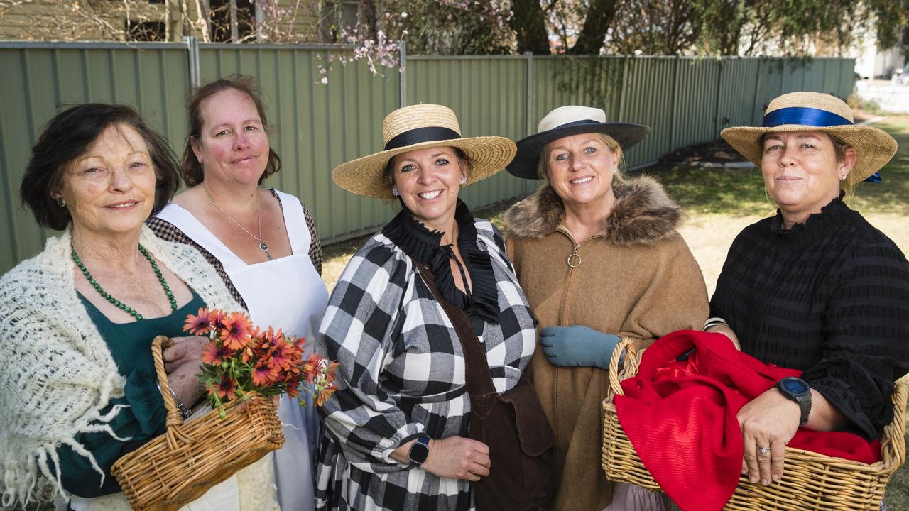 Greenmount State School staff (from left) Roby Saal, Sheryl Johnston, Jacinta Miller, Andrea Moy and Kelly Stenzel as Little Women characters. Picture: Kevin Farmer