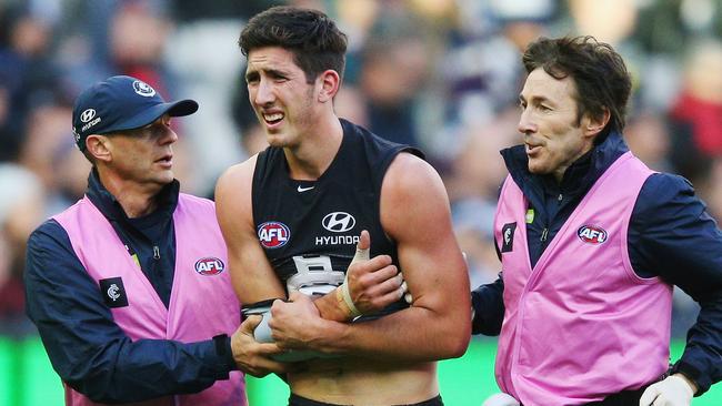 Jacob Weitering suffered an injury in Carlton’s win over Essendon.