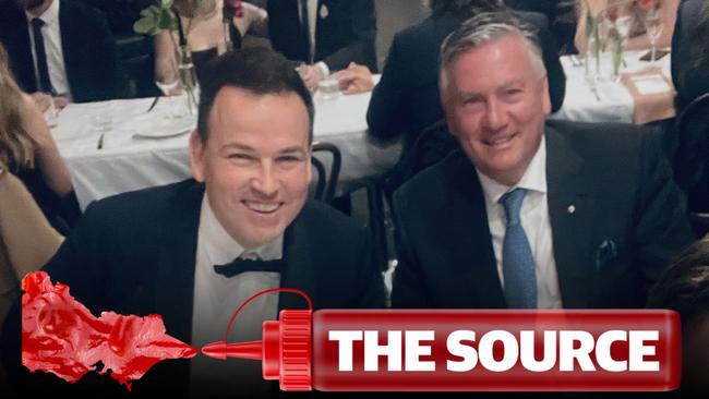 Tom Browne and Eddie McGuire at the wedding of radio producer Michael James.