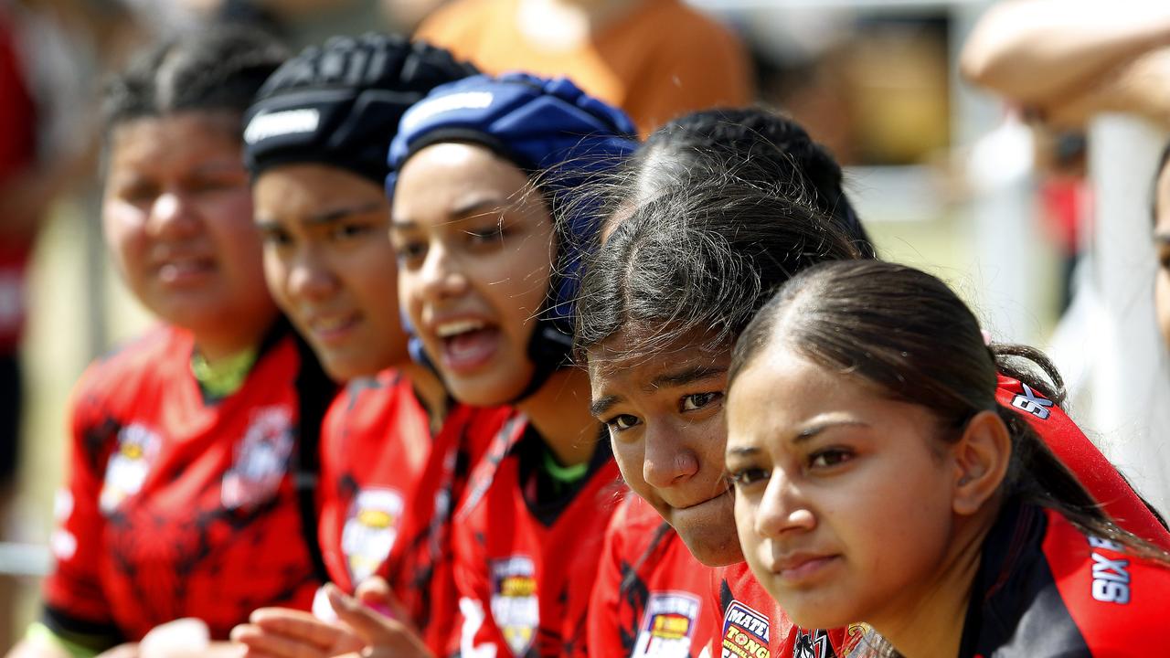 The Tonga bench watches with interest. 16 Girls Tonga v Philippines. Harmony Nines Rugby League. Picture: John Appleyard