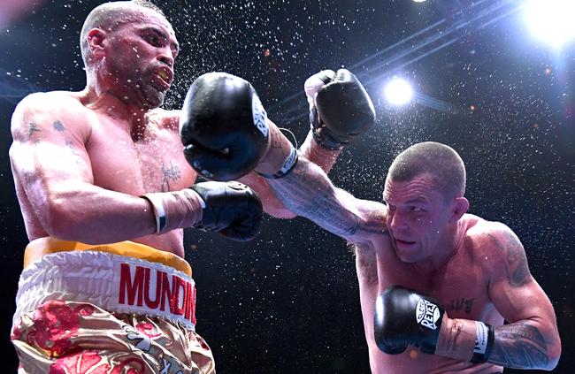 The Worlds Collied fight between Anthony Mundine and John Wayne Parr both in their last fights, at the Brisbane Convention and Exhibition Centre in November. Picture: AAP Image/Dave Hunt