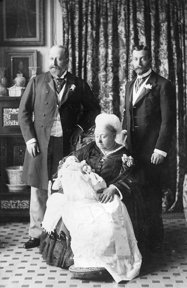 1894. Queen Victoria with her oldest son, the future King Edward VII, and her grandson, the future King George V, at the christening of her great-grandson, the future King Edward VIII.