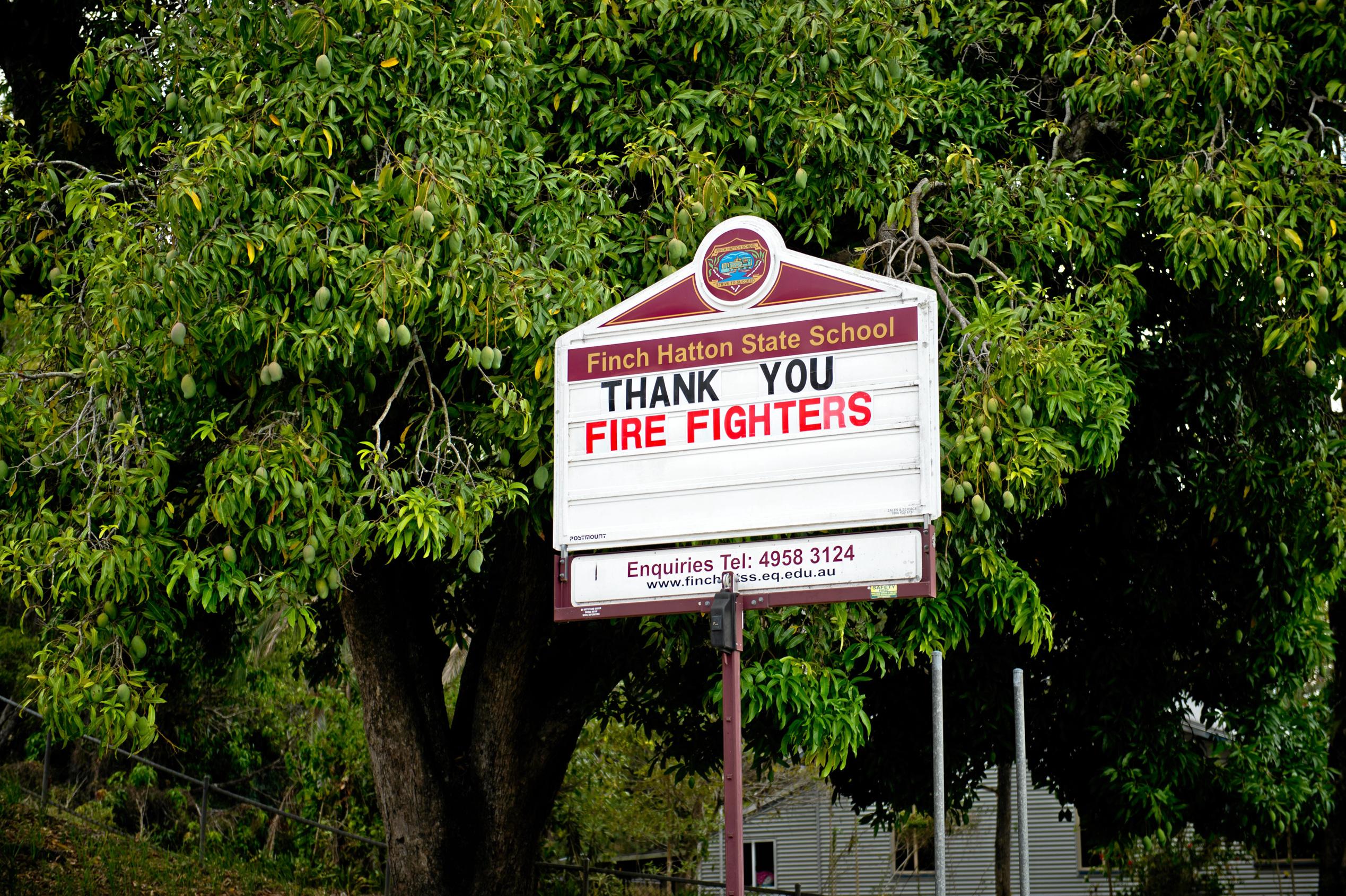 A message of appreciation from Finch Hatton State School to all the fire fighters helping keep their community safe. Picture: Emma Murray