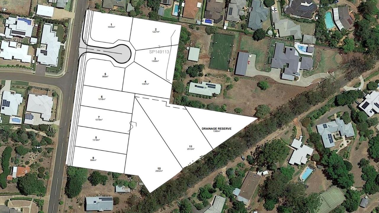 A layout of a 12-lot subdivision proposed by developer Amigo Outliers Pty Ltd for two parcels of land on Rowbotham Street in Middle Ridge.