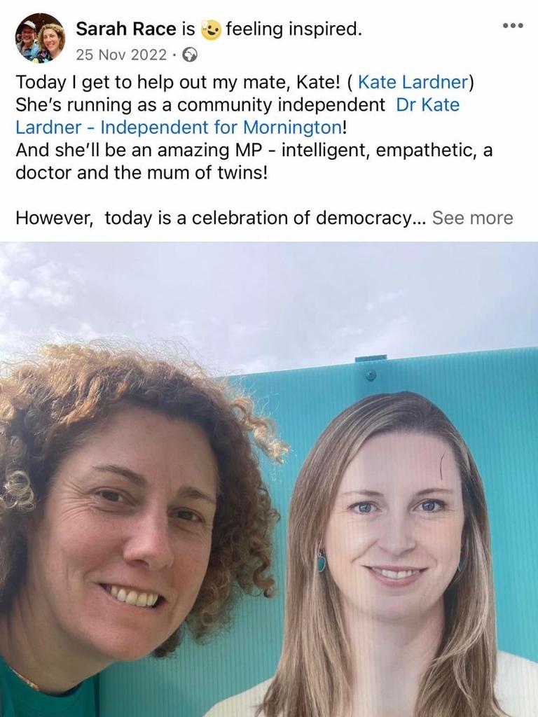 Ms Race supporting Teal candidate Dr Kate Lardner in the 2022 state election. Picture: Supplied