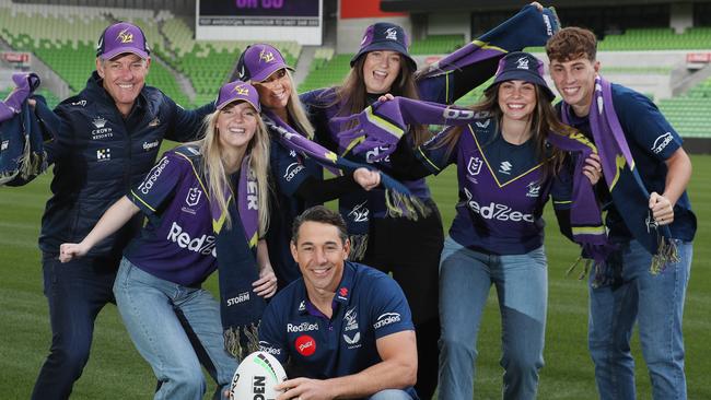 Billy slater with the McElroy family after Melbourne Storm announced free memberships for all fans in 2022. Picture: David Crosling