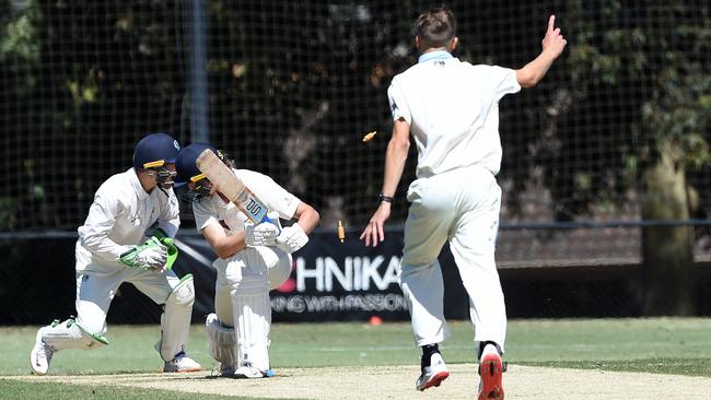 Mont Albert’s Jack Woods is stumped by East Doncaster’s Mitchell Chappell off Kyle Hoath. Picture: Steve Tanner