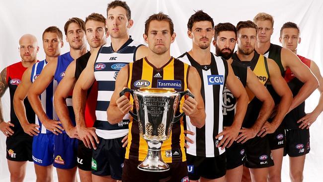 2014 AFL captains (from left): Nathan Jones, Andrew Swallow, Ryan Griffen, Jobe Watson, Harry Taylor, Luke Hodge, Scott Pendlebury, Kade Simpson, Brett Deledio, Nick Riewoldt and Jack Grimes. Picture: Colleen Petch