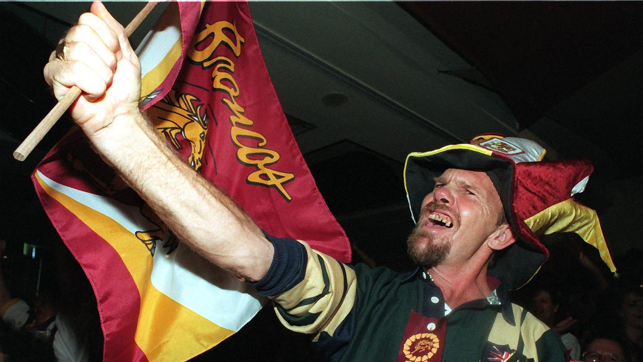 Broncos fan Wayne Michaels celebrates the grand final between the Canterbury Bulldogs Brisbane Broncos in September 1998.