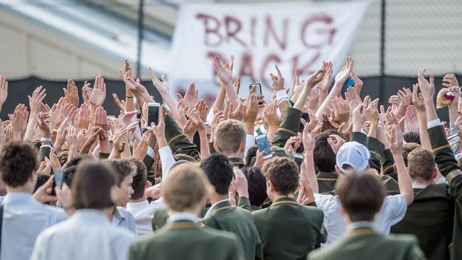 Trinity Grammar students protest over the sacking of Rohan Brown. Picture: Jake Nowakowski