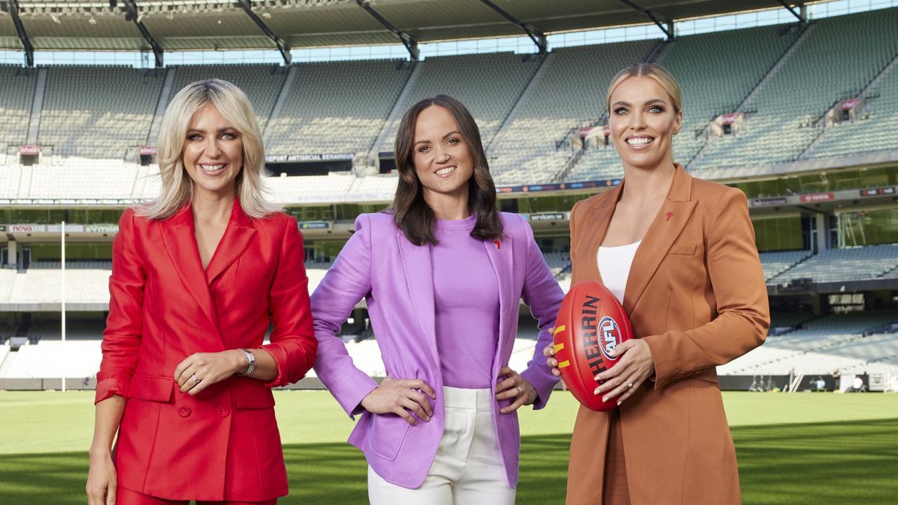 Jacqui Felgate, Daisy Pearce and Abbey Holmes at Channel 7's footy team shoot day