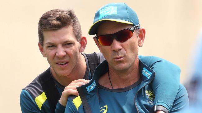 Australian captain Tim Pane and coach Justin Langer at the SCG on Wednesday ahead of the third Test. Picture. Phil Hillyard